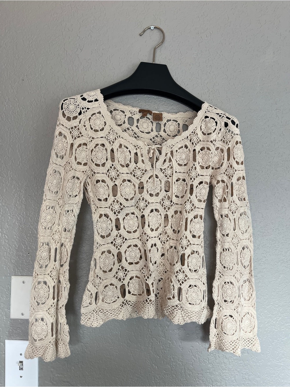 Arden B. Cream Crochet Lace Long-Sleeve Top with Tie Front
